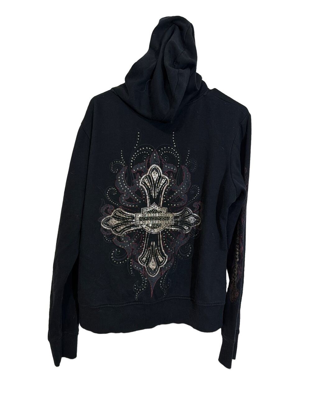 Harley-Davidson Hoodie Black Full Zip Rhinestone Cross Sleeve Print XL